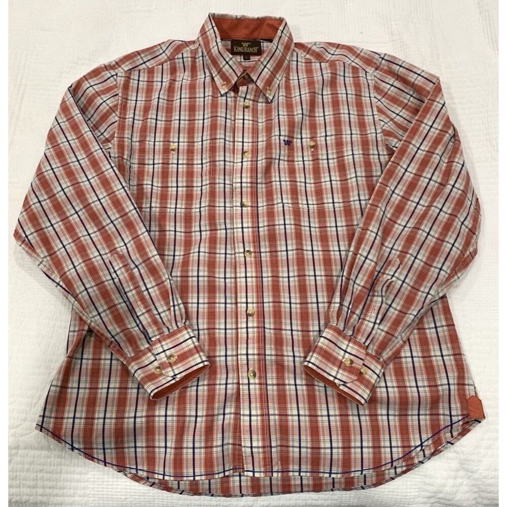 King Ranch Shirt Mens Large Red Blue Long Sleeve Button Up Plaid Pocket Cotton
